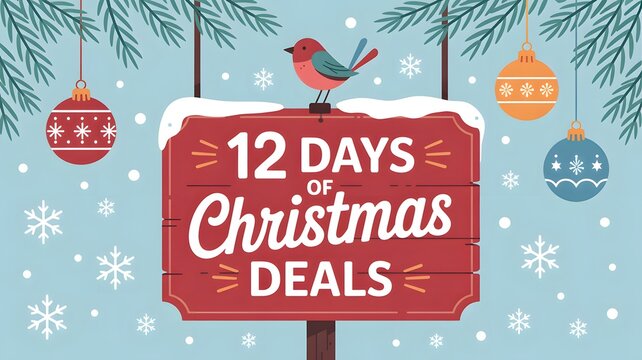 12 days of christmas deals sign with cute bird and holiday ornaments on a snowy background