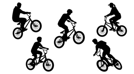 Naklejka premium Five silhouetted bmx riders performing tricks in mid-air isolated on transparent background, Vector