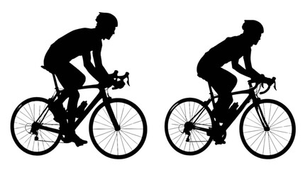 Obraz premium Two cyclists riding bikes in matching silhouette style isolated on transparent background, Vector