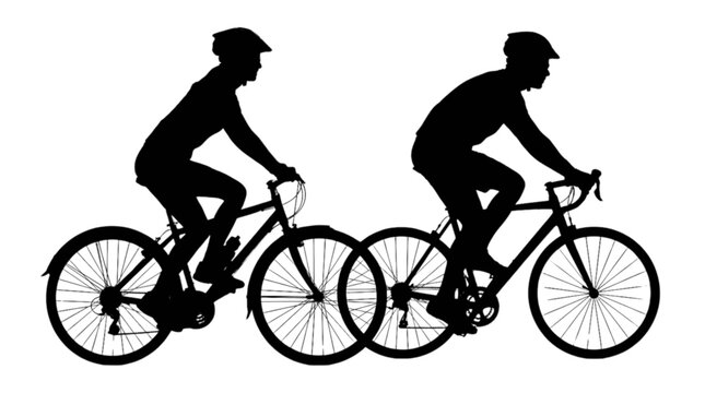 Two cyclists riding bikes side by side on road isolated on transparent background, Vector