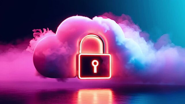 Conceptual animation of a secure cloud computing server with a glowing padlock icon surrounded by vibrant pink and blue vapor, representing futuristic data protection and information technology