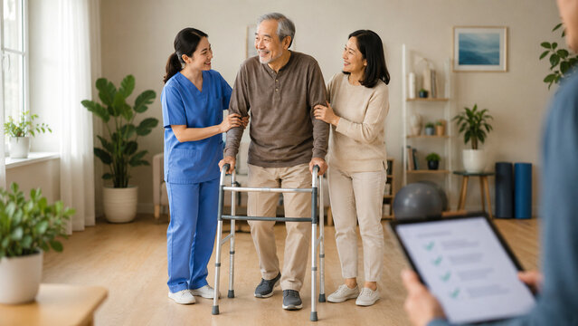 Nurse and family helping elderly patient prevent falls