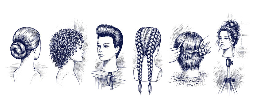 Hairstyle sketches set hair salon training diagrams showing bun, curly hair, pompadour short cut, braids, haircutting process with scissors, and messy updo on mannequin stands in engraved line art sty