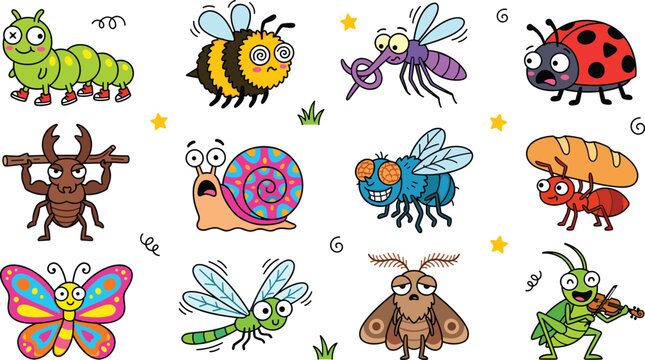 Funny cartoon insects and bugs vector character set featuring cute beetle bee ant caterpillar butterfly snail mosquito and grasshopper playing violin