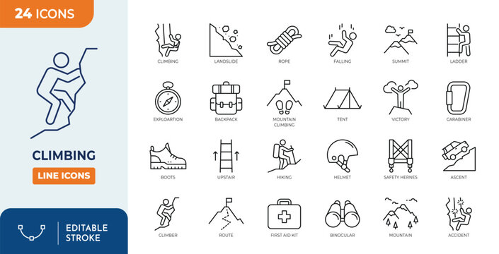 Climbing line editable icon set. Containing Climbing, hiking, mountain, ladder, rope, climber and more. editable stroke. Vector illustration