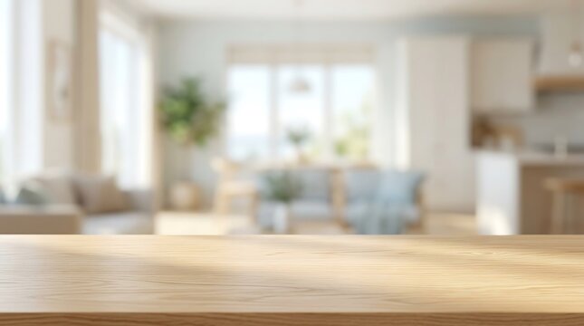 Wooden Table Surface with Blurred Modern Living Room Background for Product Display Mockup Presentation Interior Home
