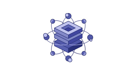 Isometric purple database server with floating data orbit icons. © pri