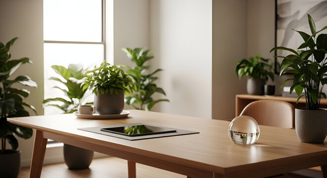 Bright modern room interior design with wooden table green plants and tablet device