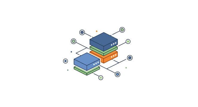 Isometric server rack cluster with networked connection lines.