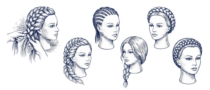 Braided hairstyle vector illustrations set showing various female hair braiding techniques, crown braid, cornrows, french plait, and styling hands in vintage engraving sketch style on white background