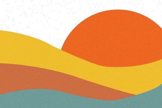 Modern mid-century abstract sunset background, textured minimalist nature landscape