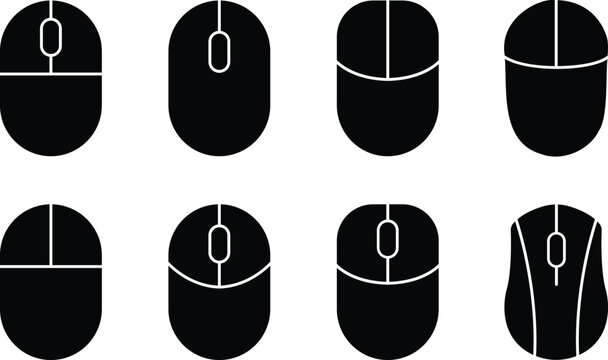 Computer mouse icons set with black silhouette style, pc desktop hardware clicker scroll wheel symbol collection, vector graphic illustration isolated on transparent background