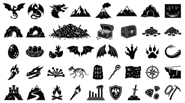 Collection of Fantasy Adventure Icons: Dragons, Treasure, and Mythical Elements