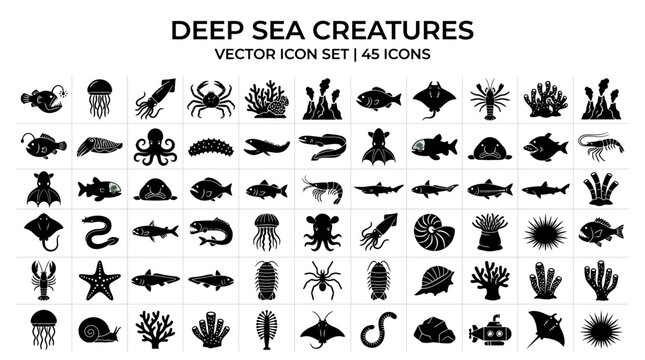 Deep Sea Creatures Vector Icon Set with Marine Life and Underwater Animals