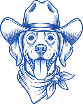 dog in nevi  cowboy hat hand drawn vintage sketch vector illustration on white background
