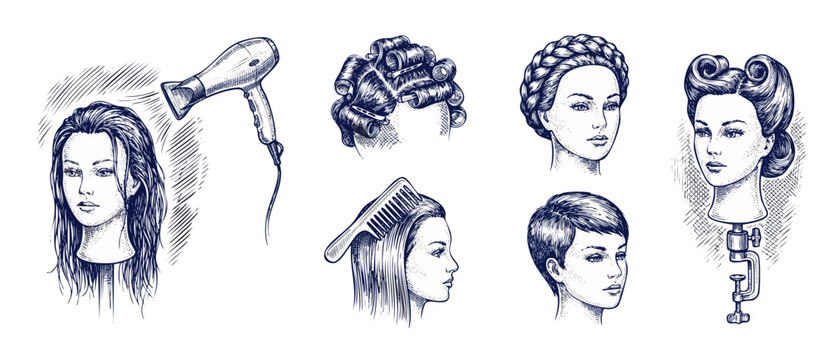 Hairdresser training mannequin head styling concepts in vintage sketch style showing hair dryer, curlers, comb, braids, and pixie cut on white background for salon education and cosmetology school.