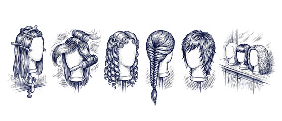 Hair styling mannequin head illustration depicting retro vintage hand drawn engraving set of diverse hairstyles including braid, curls, shag cut, blow dry rollers, wigs on stands in barber beauty shop © Dinali