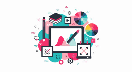 Obraz premium Graphic Design and Digital Art Illustration featuring Creative Software Tools, Color Palettes, Stylus, and UI UX Development Concept
