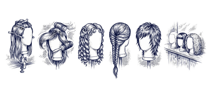 Hair styling mannequin head illustration depicting retro vintage hand drawn engraving set of diverse hairstyles including braid, curls, shag cut, blow dry rollers, wigs on stands in barber beauty shop