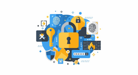 Obraz premium Cybersecurity and Network Security Flat Illustration Concept with Padlock, Biometrics, Firewall, and Data Protection Elements