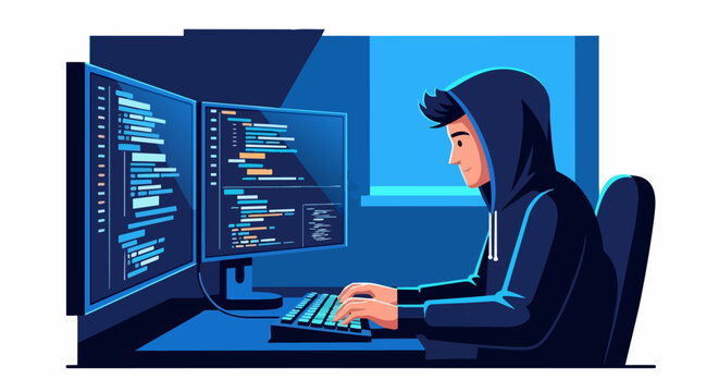 Programmer in Hoodie Coding at Night on Dual Monitors Vector Illustration - Concept for Software Development, Cyber Security, Hacking, and Data Science