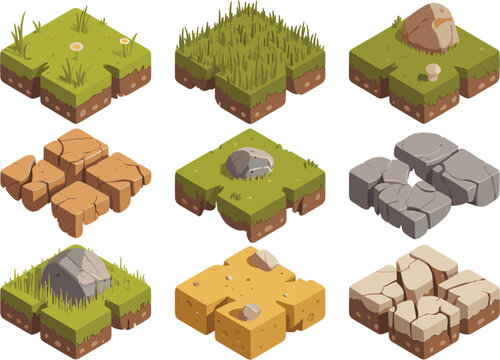 Isometric terrain tiles collection, grass rock and desert ground blocks for game environment design assets