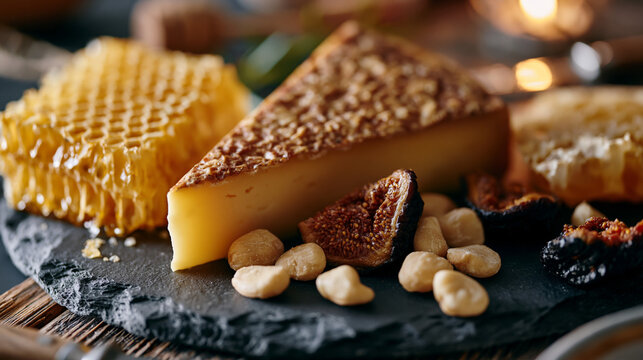 Artisan cheese board aerial composition featuring aged comt&eacute; wedge, honeycomb section, marcona almonds and dried figs arranged with negative space discipline, slate surface absorbing raking light, d