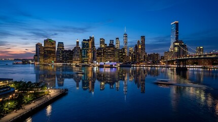 Fototapeta premium Manhattan Skyline at Dusk Reflected in Water with Brooklyn Bridge
