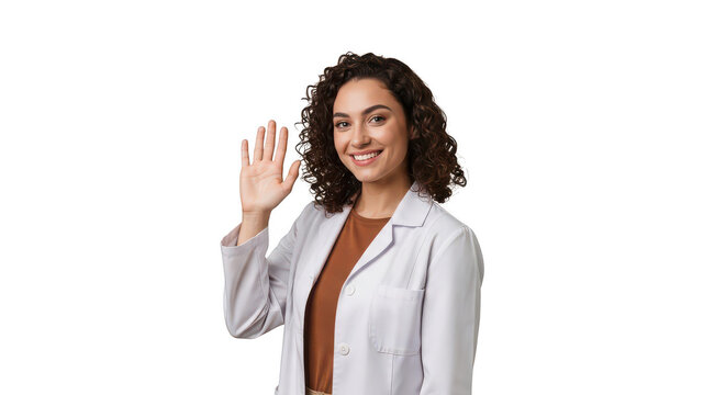 Friendly female doctor waving her hand and smiling isolated on transparent background