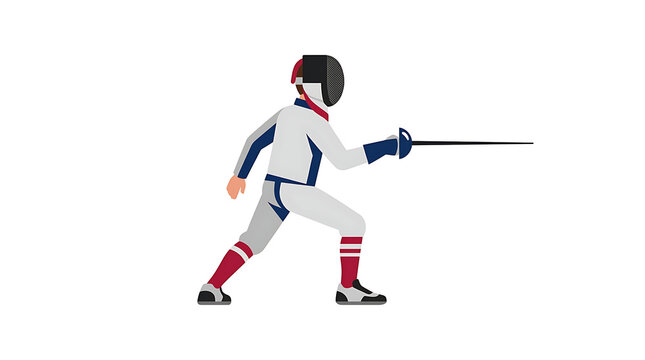 Full body vector illustration of professional fencer in dynamic lunging pose holding foil sword, wearing protective white gear and mask. Flat minimalist graphic style.
