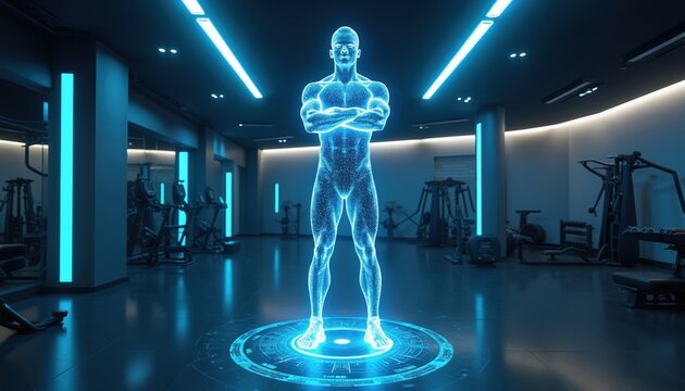 Hologram of muscular man stands in futuristic gym. Digital personal trainer shows body. Neon lights illuminate fitness equipment. Tech advances workout.