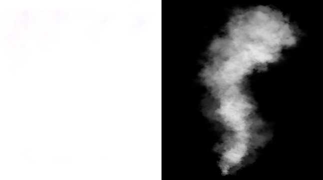 Atmospheric white smoke plume on black background, ethereal steam vapor trail with alpha channel mask, realistic cigarette or incense smoke swirl