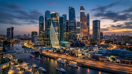 Fototapeta premium Moscow City Skyline at Dusk with River and Lights