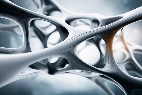 Futuristic interconnected organic structures with smooth flowing surfaces representing modern technology and abstract digital network concepts in 3D render