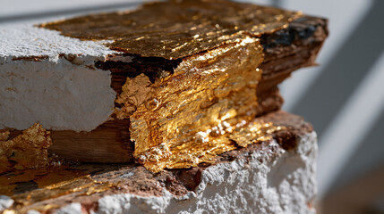 Fototapeta premium Burnished gold leaf sheets pressed onto gesso-primed wood panel surface, genuine 23-karat gilding catching dramatic raking sidelight, tool marks and air bubbles visible in translucent layers, gilded