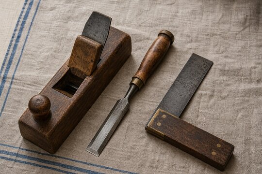 Traditional woodworking tools arranged on a textured cloth.