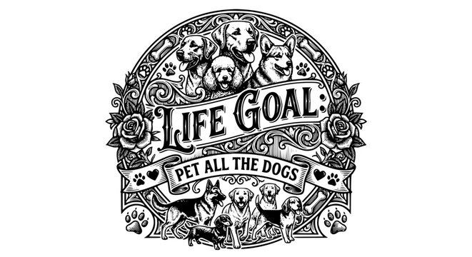 life goal pet all the dogs, dog lover, multiple dogs, golden retriever, poodle, corgi, german shepherd, pet all dogs, black and white dog art, dog mom gift, hand drawn outline engraving vector illustr