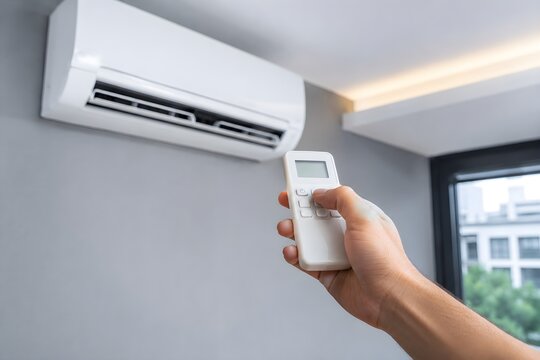 Adjusting air conditioner settings with a remote controller at home.