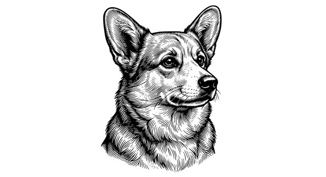 corgi portrait, corgi head, erect ears dog, black and white dog art, corgi illustration, detailed line engraving, dog profile, hand drawn vector, welsh corgi art, cute dog sketch
