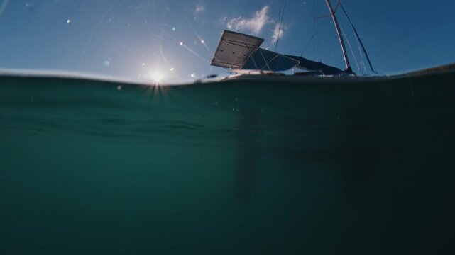 Freediving from the yacht. Freediver prepares for diving in the sea from sailing boat