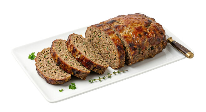 Sliced homemade meatloaf served on a white rectangular ceramic plate isolated on white background with main course