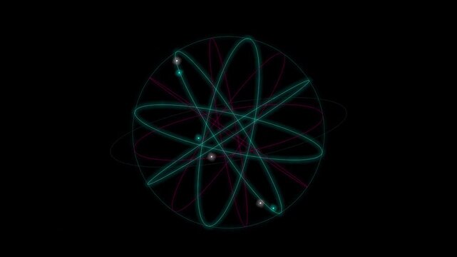 Neon atom orbit structure on dark background. Digital CRM data analytics network hub with glowing particle flow for business information system integration and technology connection strategy.
