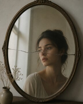 A single crack across a vintage mirror distorting the reflection, soft light.
