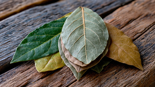 Dried bay leaf Laurus nobilis flat stack layered arrangement on aged distressed oak plank surface, overlapping elliptical leaf shapes creating geometric botanical specimen composition, Mediterranean