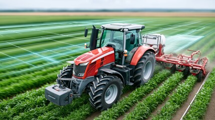 Obraz premium Futuristic smart farming with red tractor and digital grid overlay cultivating green crops in an expansive agricultural field with advanced technology
