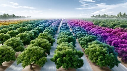 Naklejka premium Aerial view of colorful symmetrical orchard rows with blooming purple, blue, yellow, and green trees under a bright blue sky with light clouds
