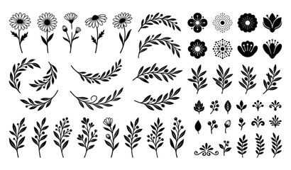 Fototapeta premium Minimalist Botanical Clip Art Collection with Retro Flowers, Organic Leaves and Floral Decorative Elements