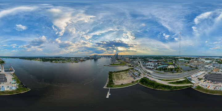 Aerial 360 VR photo of a beautiful sunset in Downtown Jacksonville Florida