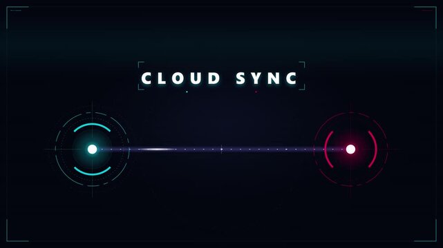 Cloud sync digital interface animation: data transfer and network connectivity hud