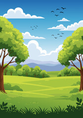 Fototapeta premium Spring Nature Landscape Illustration Vector Featuring Lush Green Hills and Trees Under a Clear Sunny Sky with Flying Birds for Background